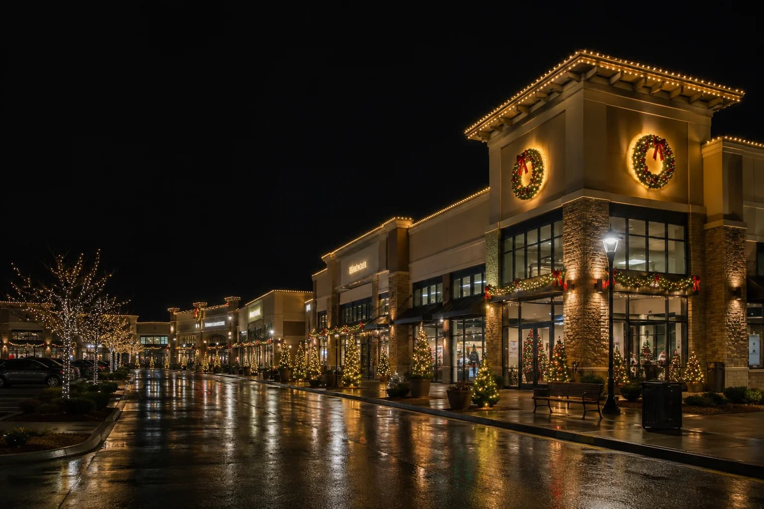 Beautifully decorated Denver commercial property with premium Christmas lights installed along the roofline and landscaping