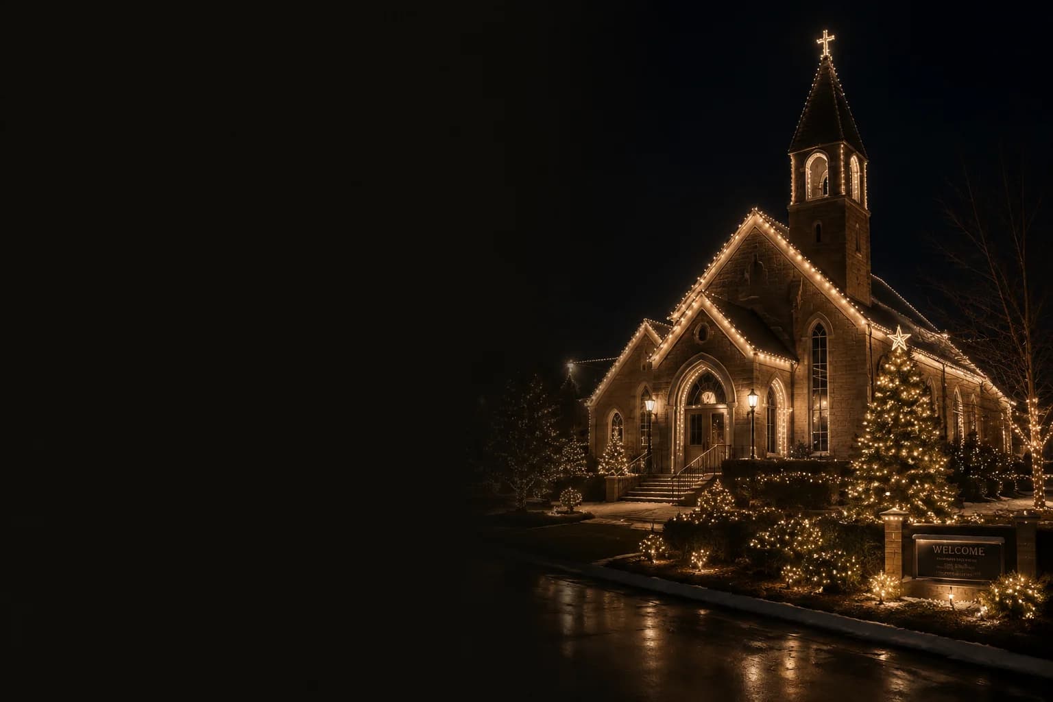 Professionally decorated Christmas home at night